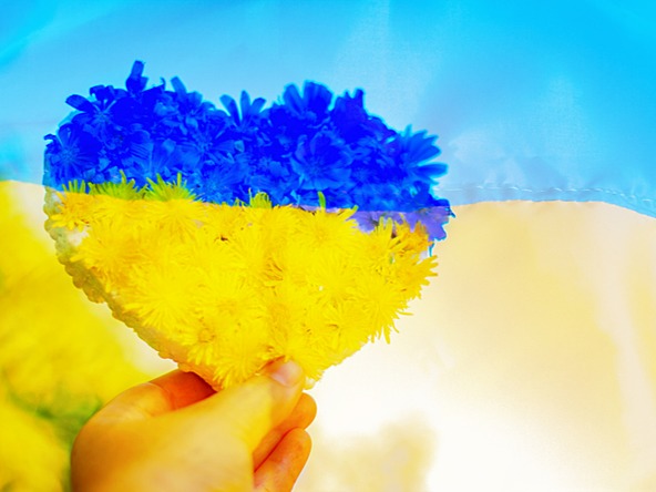 A heart-shaped flower composed of Ukraine colours of blue & yellow